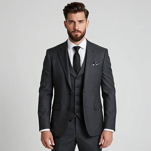 Man in Tailored Dark Gray Three-Piece Suit with Black Tie