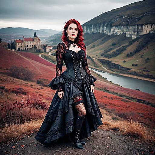 Gothic Victorian Woman in Black Dress by Autumn Landscape with Castle