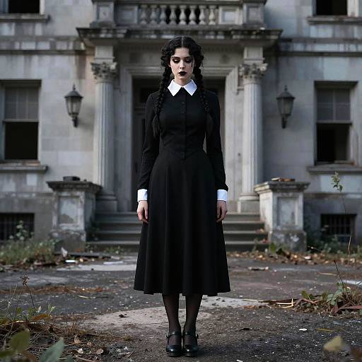 Gothic Style Woman in Black Dress Standing by Abandoned Mansion