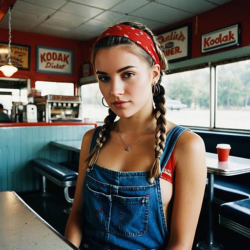 Young Woman in Retro Diner with Kodak Signs Wearing Denim Overalls