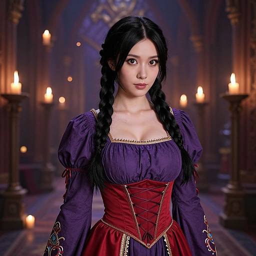 Woman in Renaissance Style Purple and Red Gown in Candlelit Hall