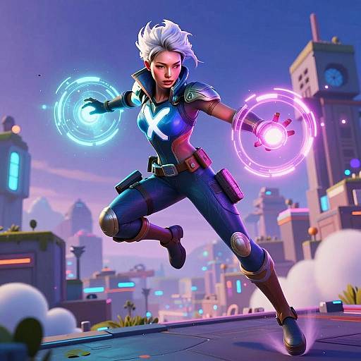 3D Futuristic Woman Superhero with Energy Powers in Cyberpunk City