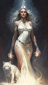 Powerful Woman with Silver Hair and Flames