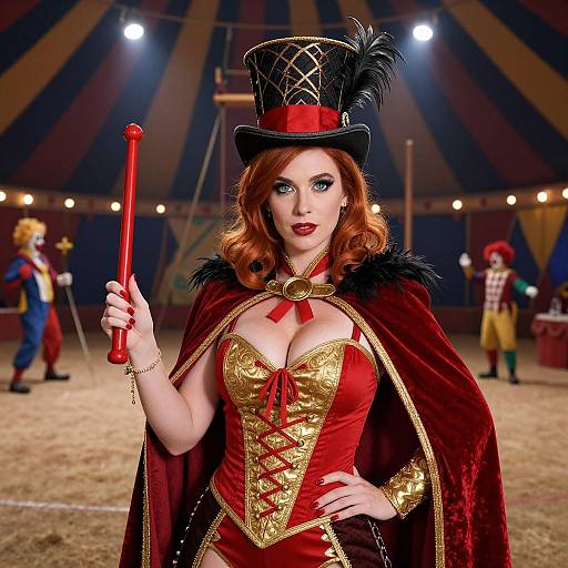 Circus Ringmaster Woman in Red and Gold Costume Inside Circus Tent