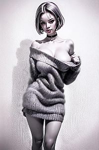 Stylish Woman in Oversized Knitted Sweater with Short Hair