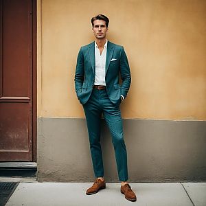Man in Teal Suit Against Urban Wall