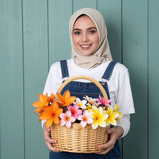 Young Woman in Hijab Holding Basket of Colorful Plumeria Flowers