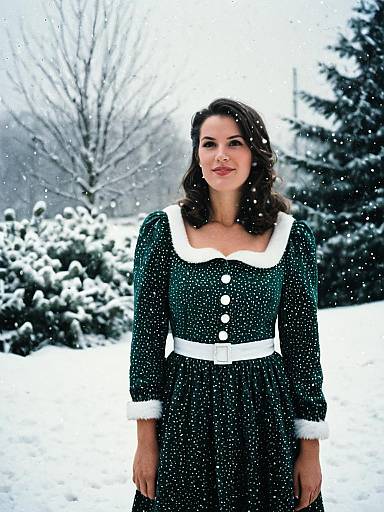 Woman in Festive Christmas Dress Outdoor Winter Portrait with Snow