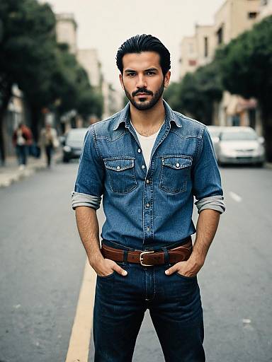 Man Wearing Casablanca Style Denim Shirt and Jeans in Urban Street