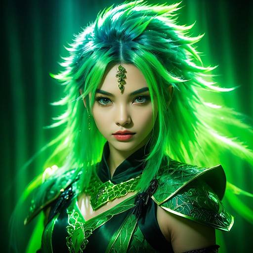 Fantasy Warrior Woman with Vivid Green Hair and Ornate Armor