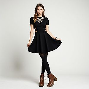Woman in Black Skater Dress with Cut-Outs and Ankle Boots