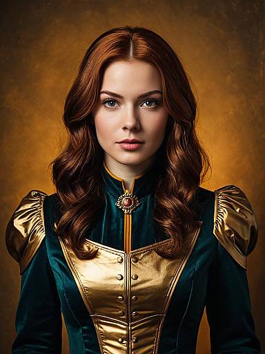 Realistic Flay Allster Cosplay Woman in Elegant Gold and Teal Costume