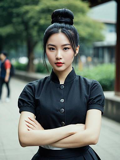 Confident Woman in Black Costume with Hair Bun Outdoors
