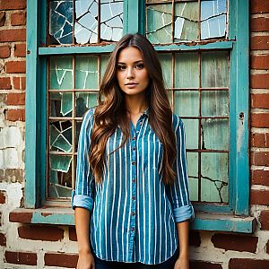 Confident Young Woman in Striped Shirt by Rustic Wall