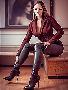 Stylish Woman in Maroon Blazer and Thigh-High Boots