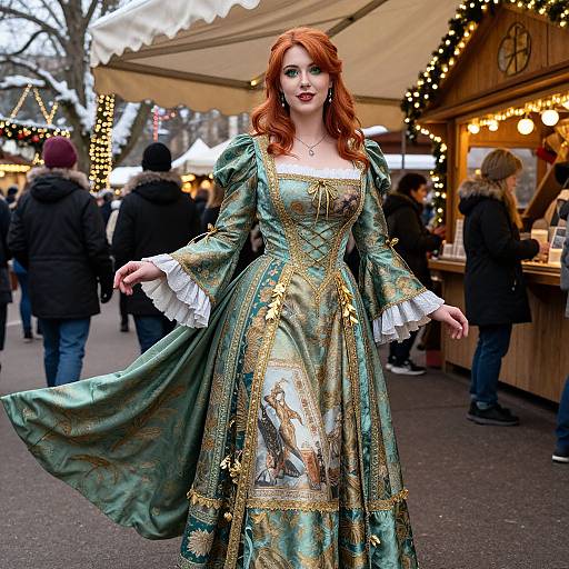 Red-Haired Woman in Renaissance-Style Dress at Winter Market