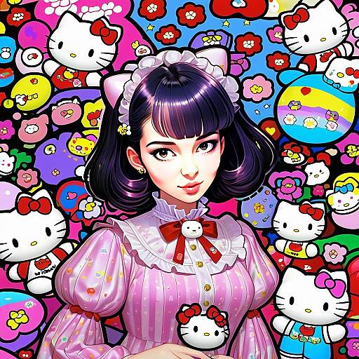 Anime Style Young Woman in Pink Maid Outfit with Hello Kitty Background
