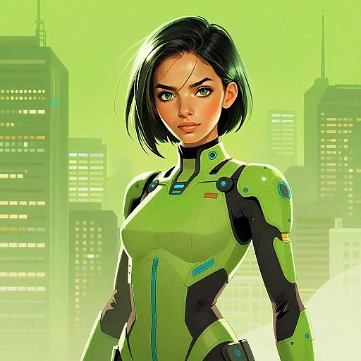 Futuristic Woman in Green Armor with Cityscape Background Digital Art