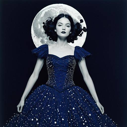 Elegant Woman in Starry Blue Gown with Full Moon Background