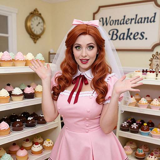 Woman in Vintage Pink Dress with Cupcakes at Wonderland Bakes Bakery