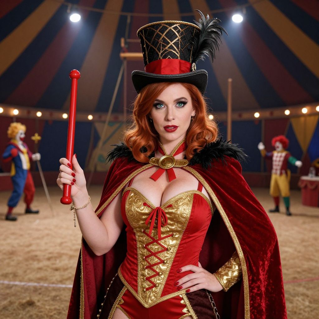 Circus Ringmaster Woman in Red and Gold Costume Inside Circus Tent