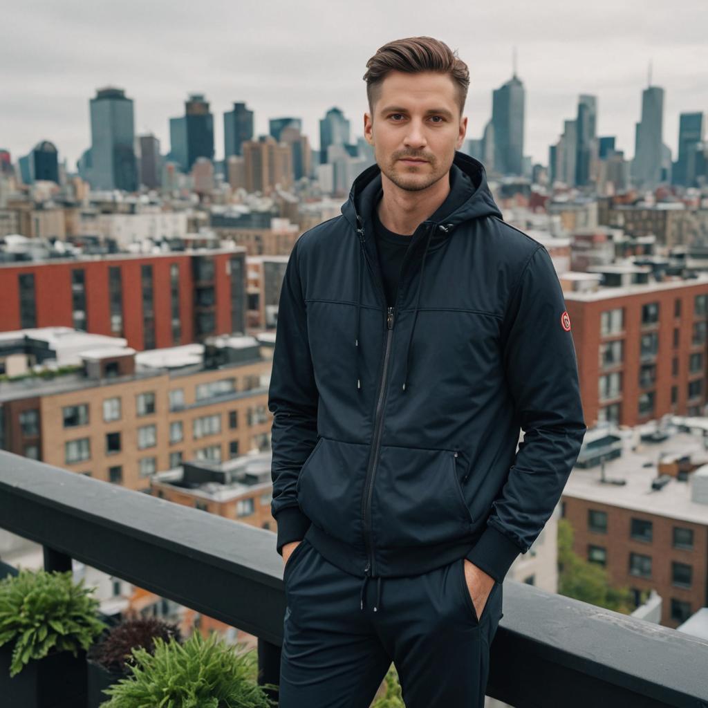 Confident Man on Balcony with City Skyline