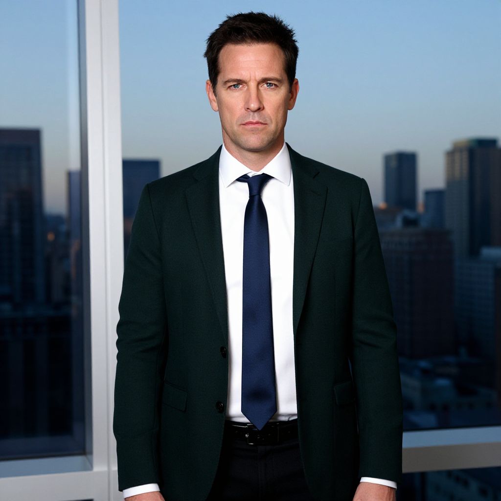 Confident Businessman Standing by Office Window Overlooking City Skyline