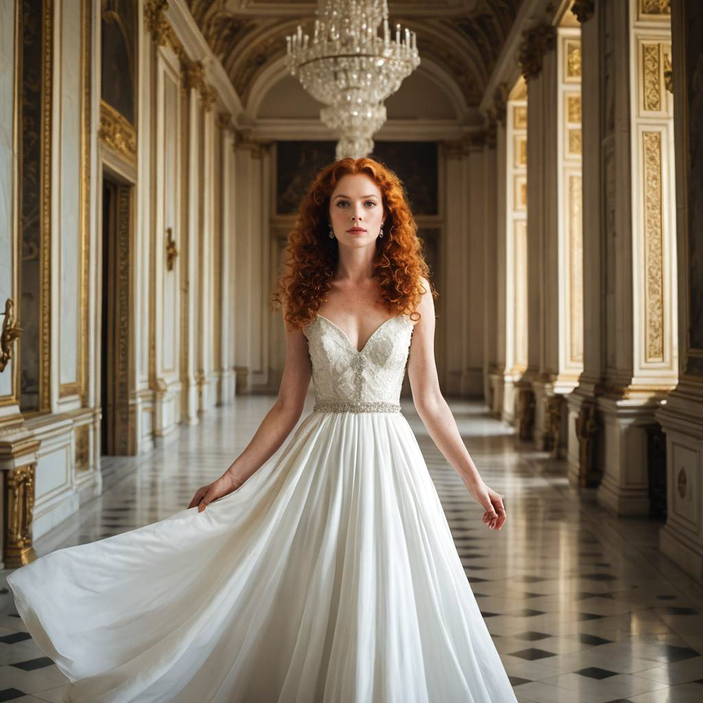 Elegant Woman in White Gown in Lavish Palace