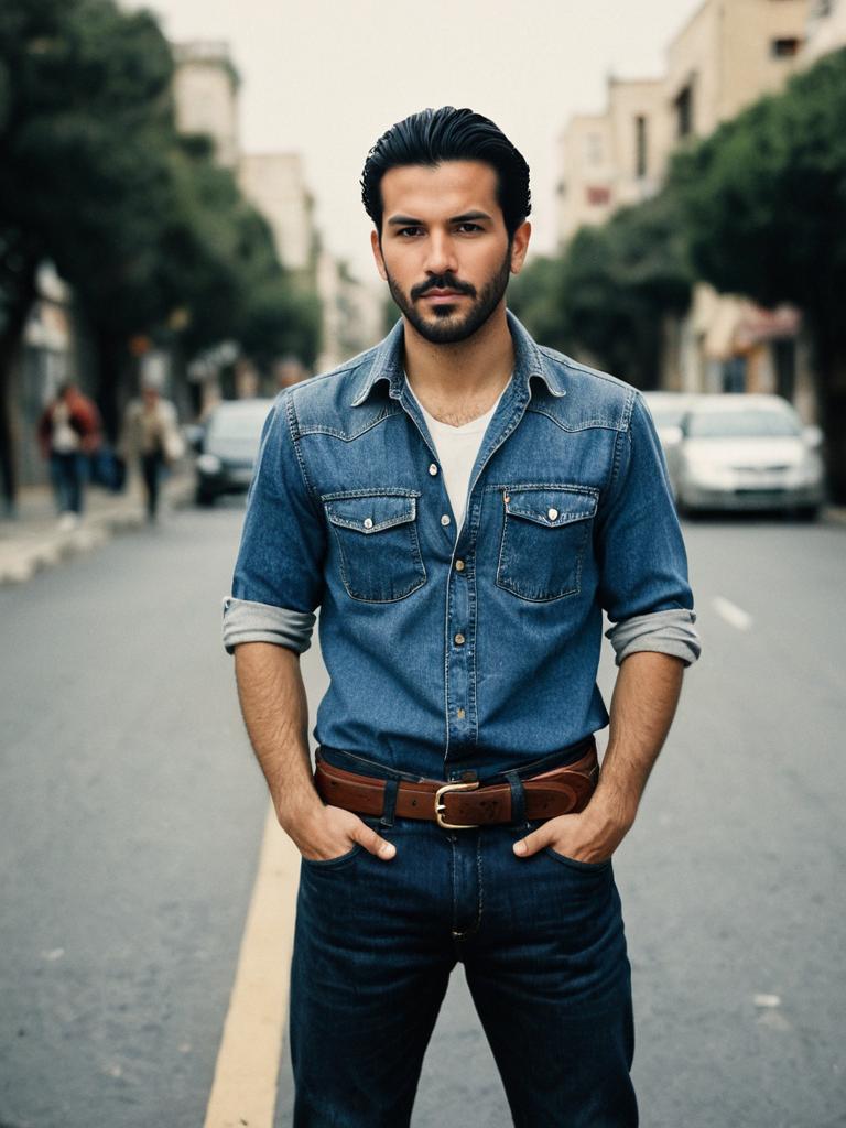 Man Wearing Casablanca Style Denim Shirt and Jeans in Urban Street