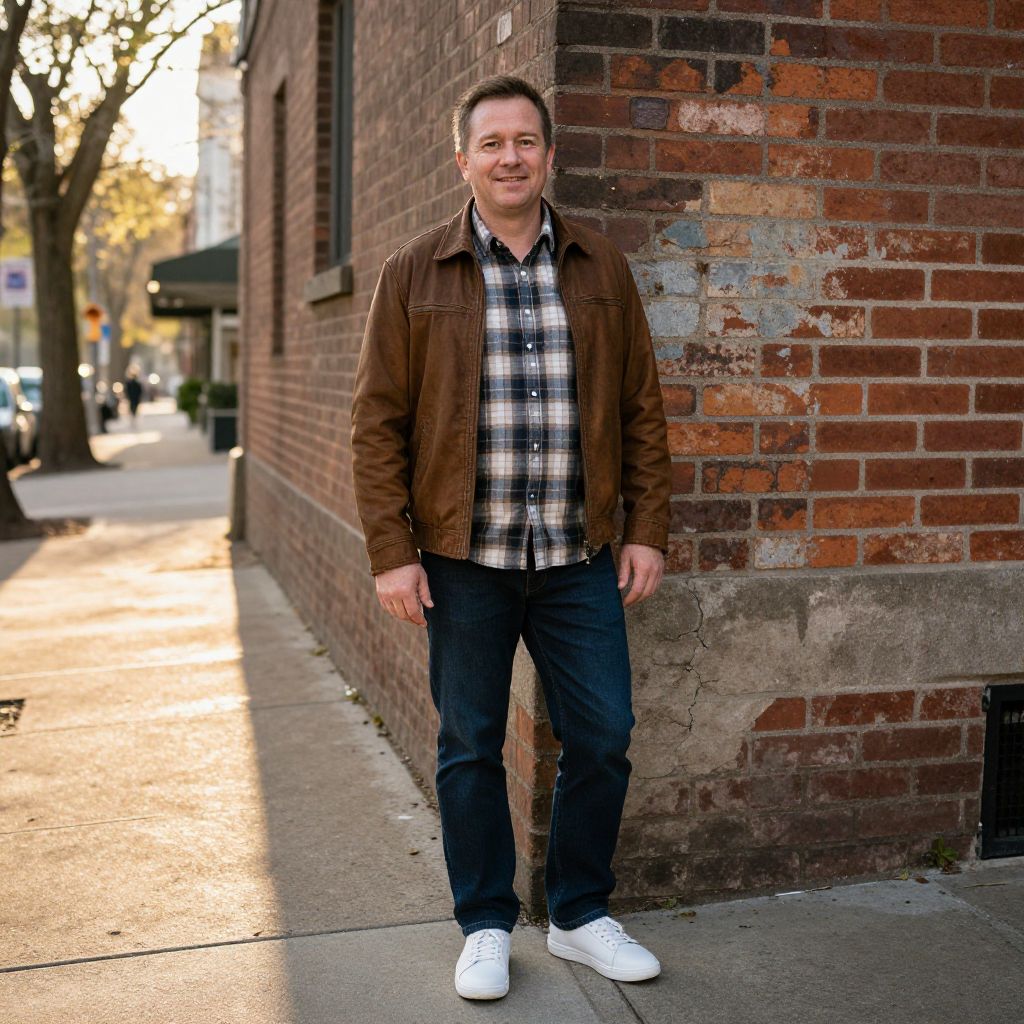 Casual Man in Brown Leather Jacket and Jeans on Urban Sidewalk