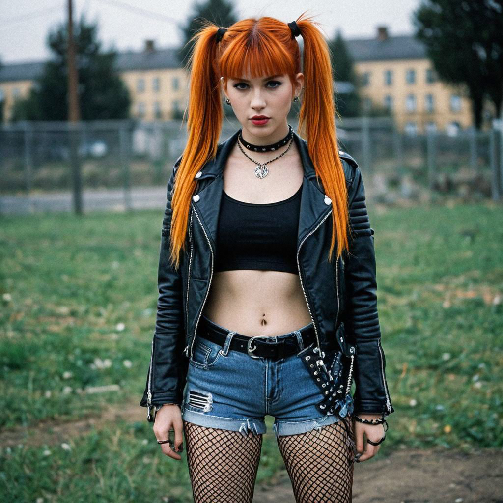 Young Woman with Orange Twin-Tail Hair in Punk Outfit Young Woman with Orange Twin-Tail Hair in Punk Outfit