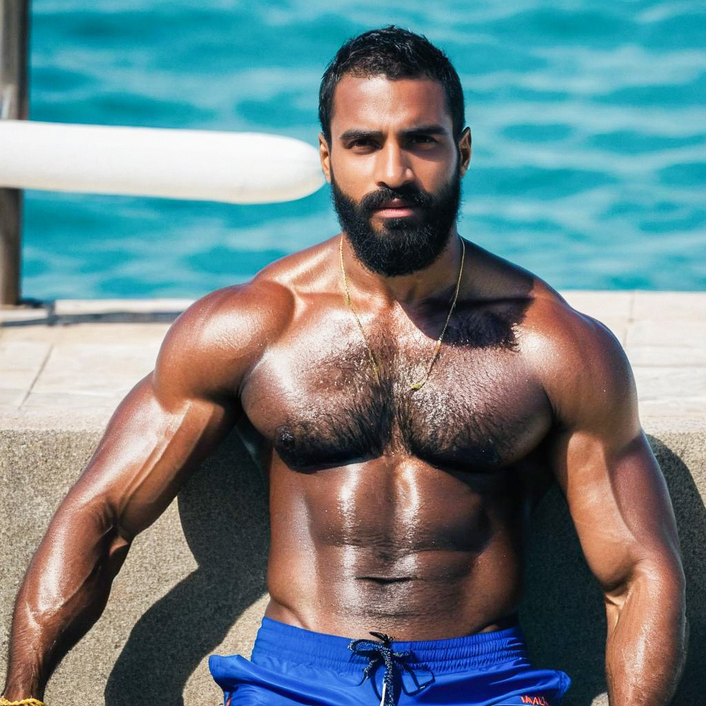 Muscular Man Shirtless by Water in Blue Swim Trunks