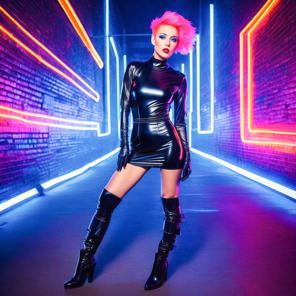 Confident Woman in Black Dress with Neon Lights