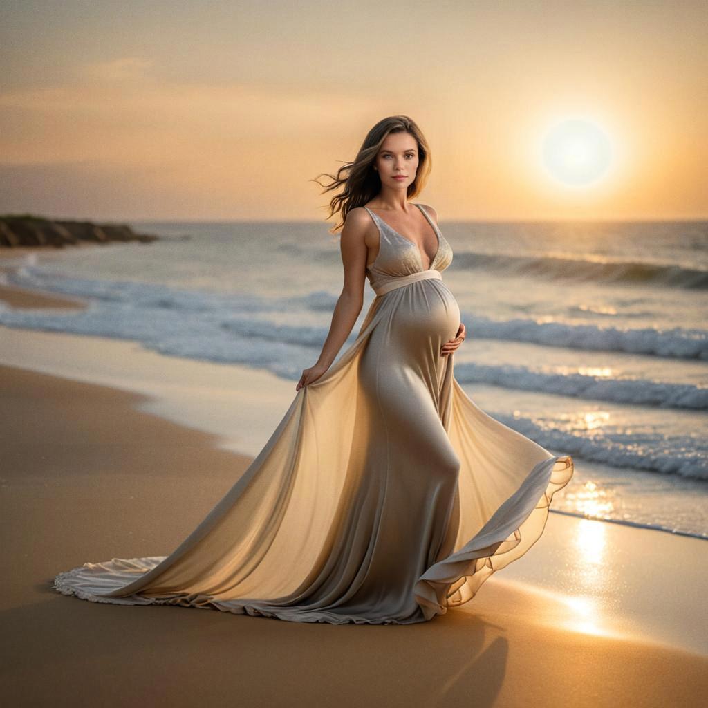 Elegant Pregnant Woman on Beach at Sunset