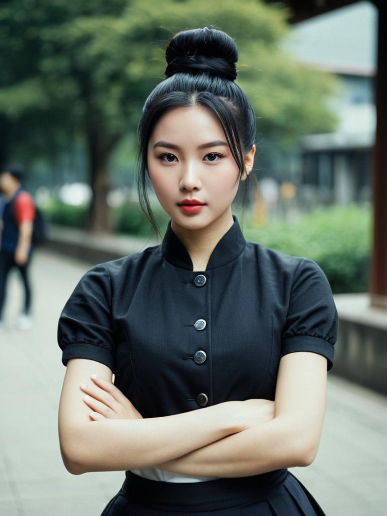 Confident Woman in Black Costume with Hair Bun Outdoors