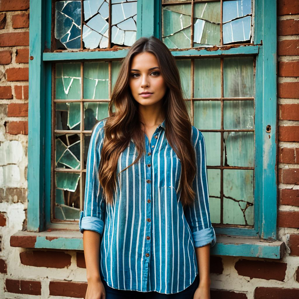 Confident Young Woman in Striped Shirt by Rustic Wall