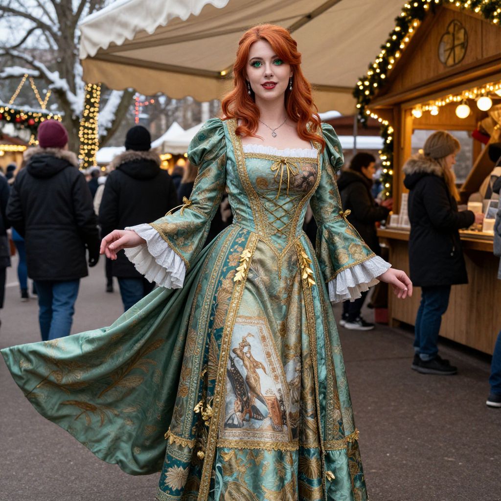 Red-Haired Woman in Renaissance-Style Dress at Winter Market