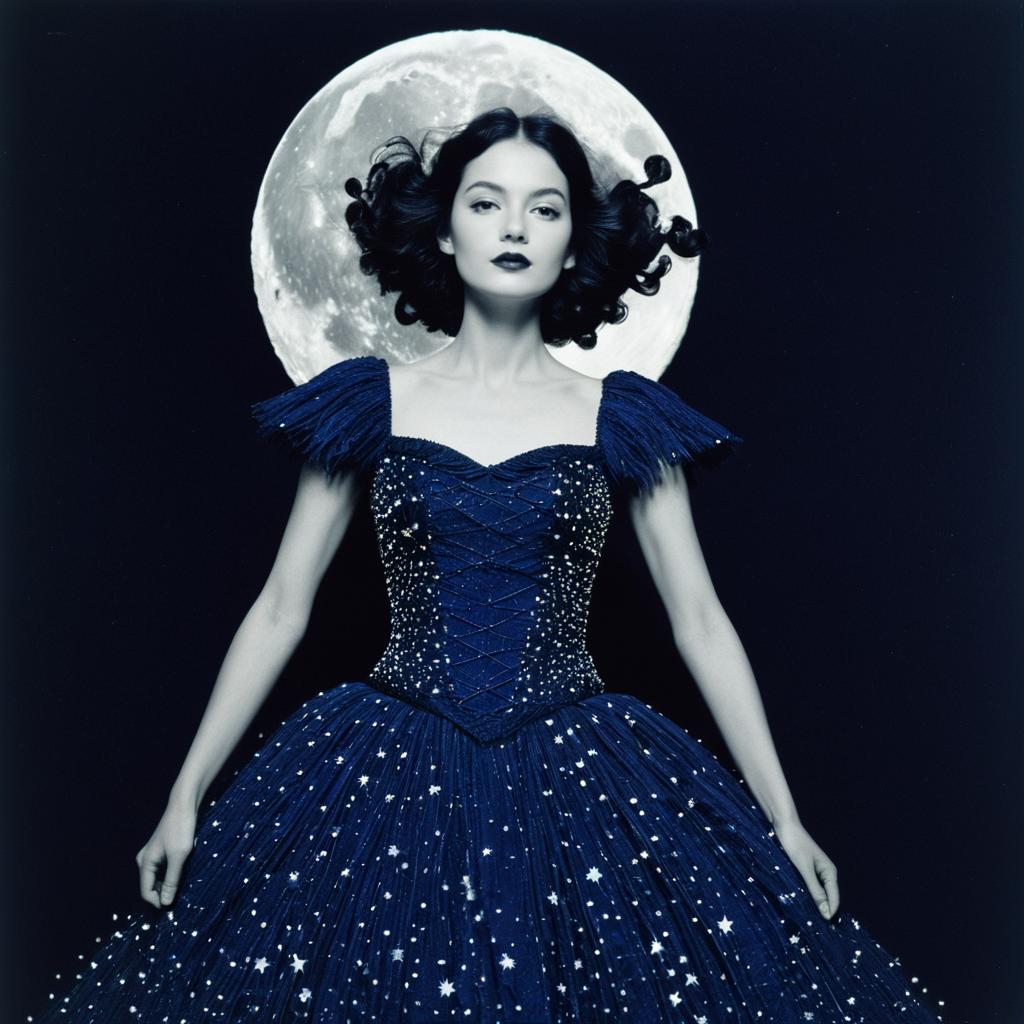 Elegant Woman in Starry Blue Gown with Full Moon Background