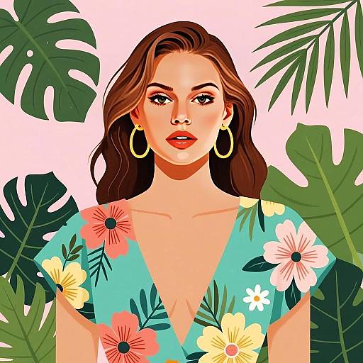 Digital Illustration of Woman in Floral Dress with Tropical Leaves Background