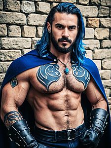 Muscular Man with Blue Hair in Warrior Costume and Chest Armor