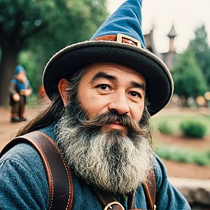 Man with Gray Beard in Blue Garb and Pointed Hat