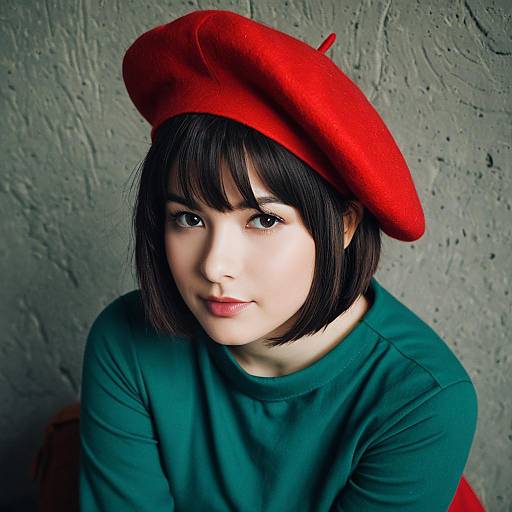 Portrait of Woman in Red Beret and Green Top