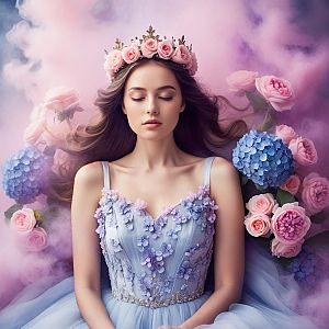 Serene Woman in Floral Crown and Pastel Gown
