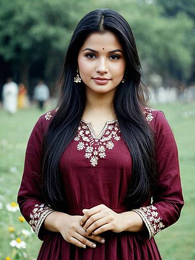 Young Woman in Maroon Embroidered Salwar Outdoors