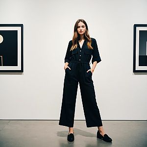 Confident Woman in Black Jumpsuit in Minimalist Gallery