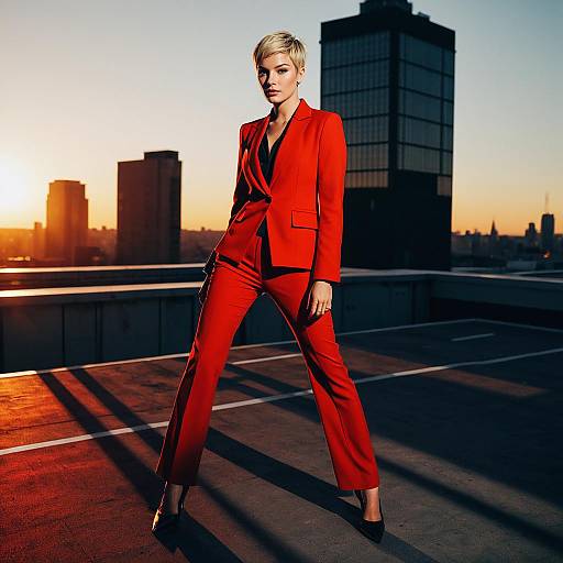 Confident Woman in Red Suit Posing on Urban Rooftop at Sunset