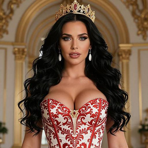 Glamorous Woman Wearing Crown and Red White Baroque Corset in Elegant Setting