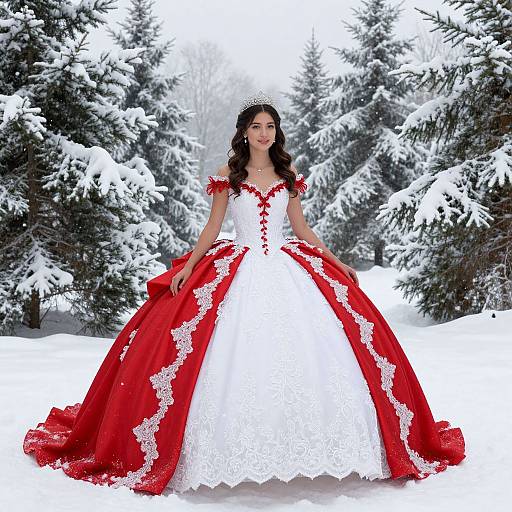 Young Woman in Elegant Red and White Ball Gown in Snowy Forest