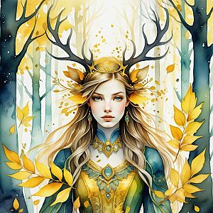 Fantasy Portrait of a Woman with Antlers and Golden Leaves