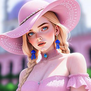 Portrait of a Young Woman with Blue Eyes and Pink Hat